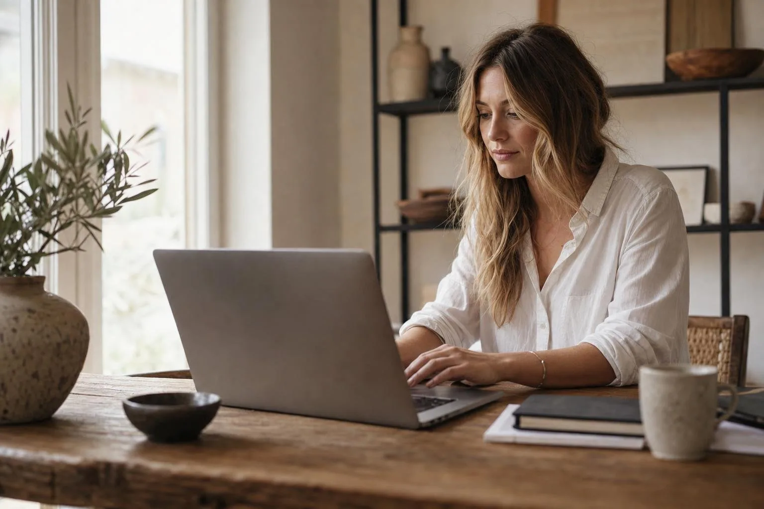 Web designer's desk with a laptop showing a website layout in progress