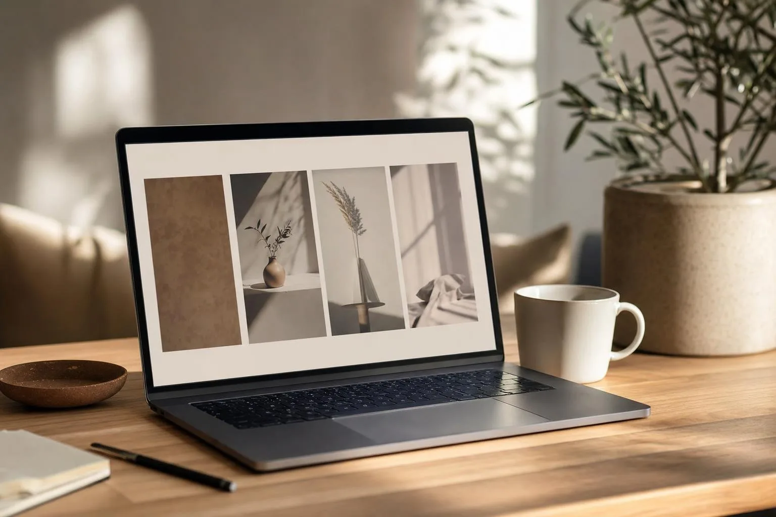 Grid of website screenshots and layout mockups on a studio wall